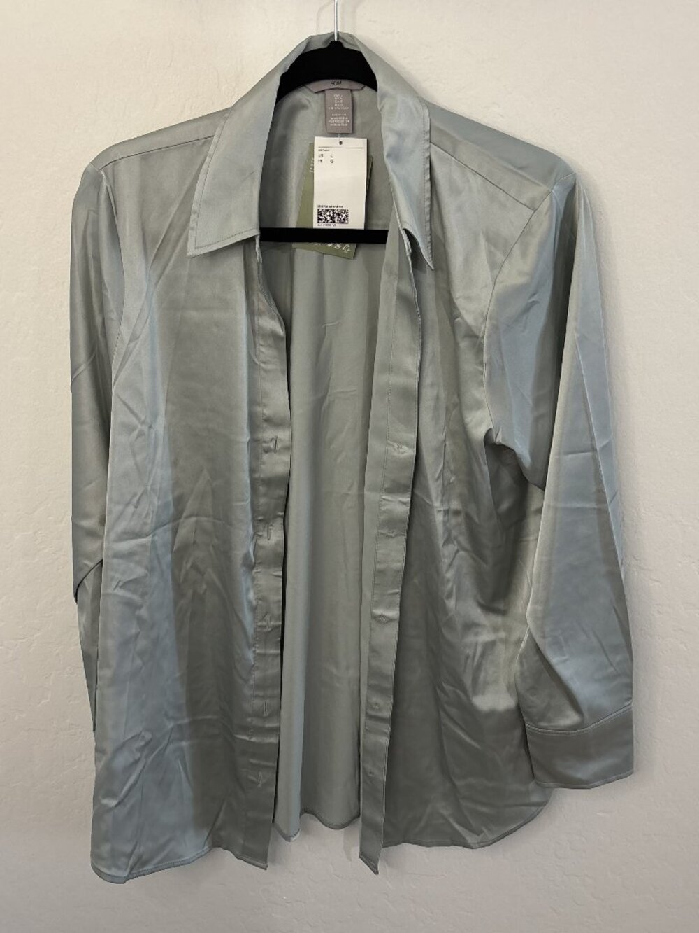 H&M Sage Green Satin Oversized Button-Up Shirt NWT | Size L